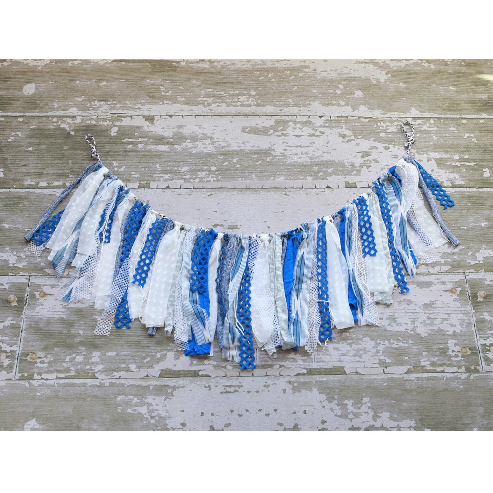 Blue Beachy Handmade Fabric Garland - Rag Bunting Wall Décor Boho Party Backdrop